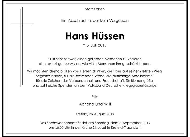  Traueranzeige für Hans Hüssen vom 12.08.2017 aus Rheinische Post