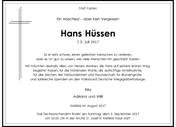 Traueranzeige von Hans Hüssen von Rheinische Post