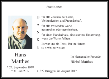 Traueranzeige von Hans Matthes von Rheinische Post