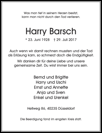 Traueranzeige von Harry Barsch von Rheinische Post