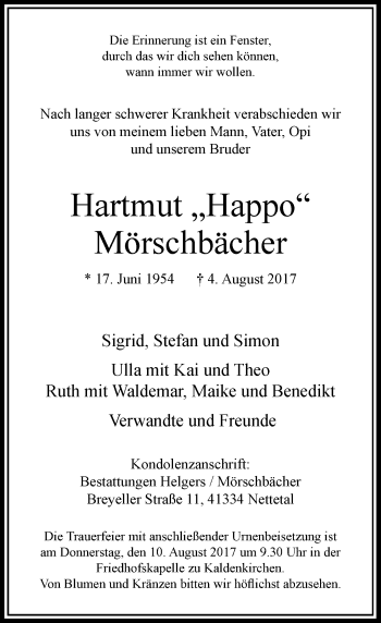 Traueranzeige von Hartmut Mörschbächer von Rheinische Post