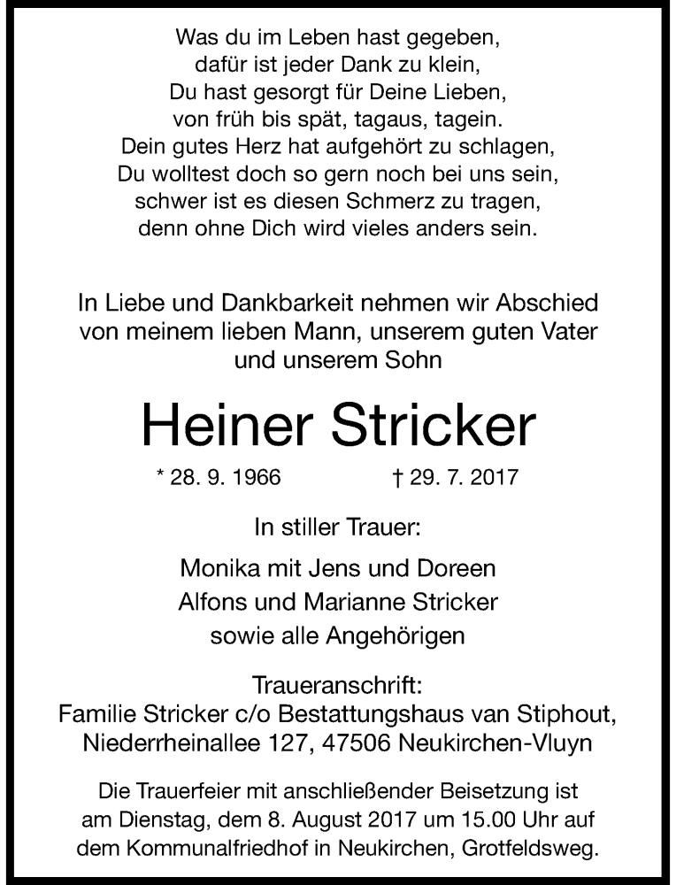  Traueranzeige für Heiner Stricker vom 02.08.2017 aus Rheinische Post