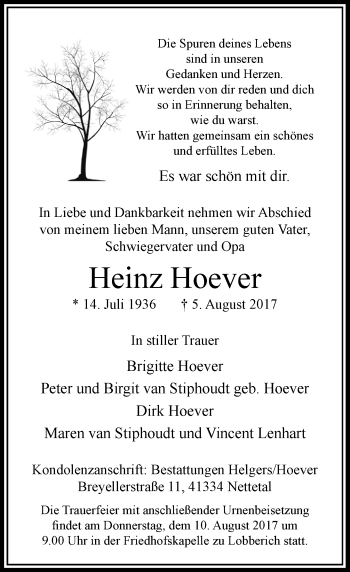 Traueranzeige von Heinz Hoever von Rheinische Post