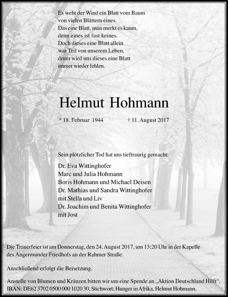  Traueranzeige für Helmut Hohmann vom 16.08.2017 aus Rheinische Post