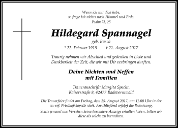 Traueranzeige von Hildegard Spannagel von Rheinische Post