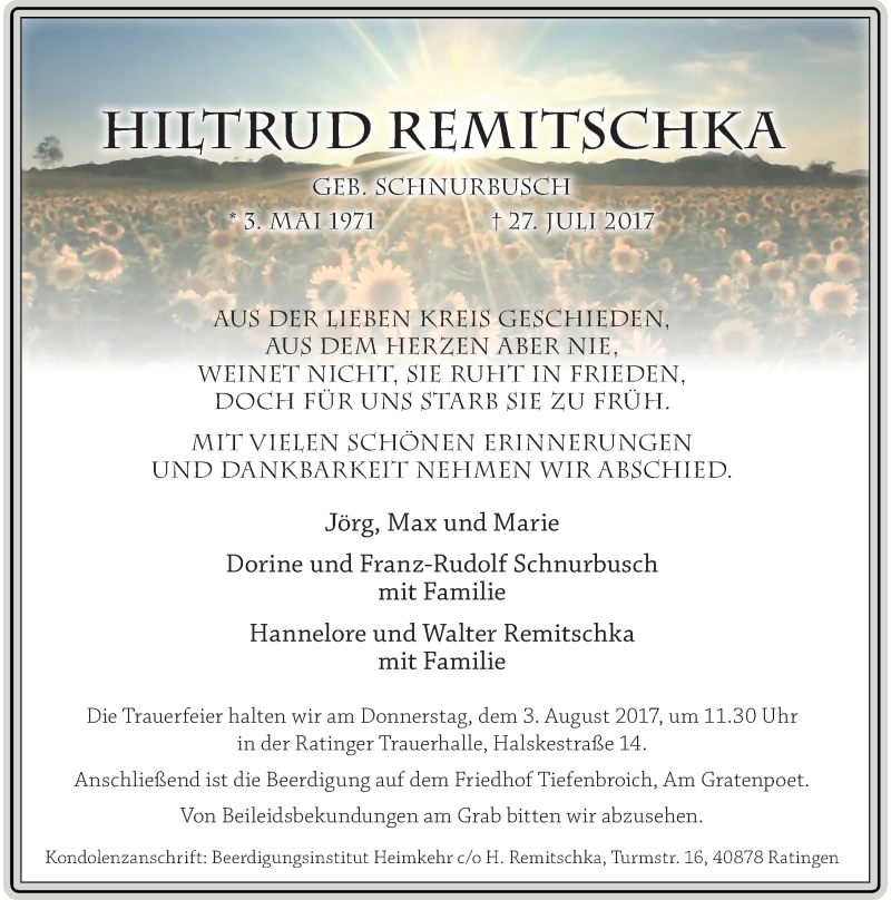  Traueranzeige für Hiltrud Remitschka vom 02.08.2017 aus Rheinische Post