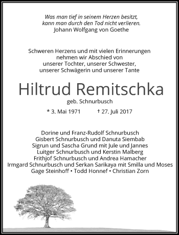 Traueranzeige von Hiltrud Remitschka von Rheinische Post
