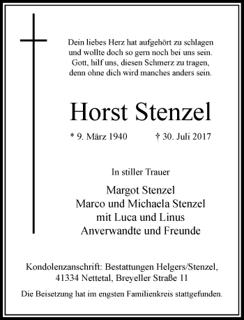 Traueranzeige von Horst Stenzel von Rheinische Post