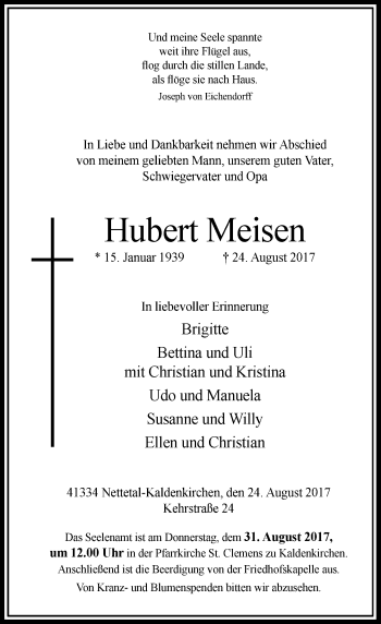 Traueranzeige von Hubert Meisen von Rheinische Post