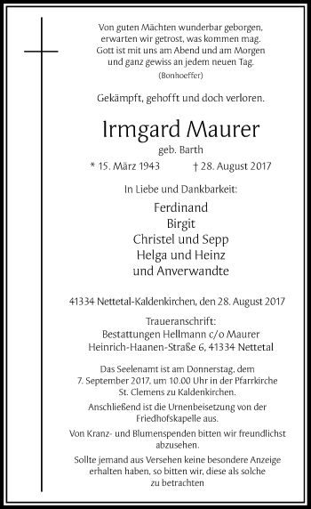 Traueranzeige von Irmgard Maurer von Rheinische Post
