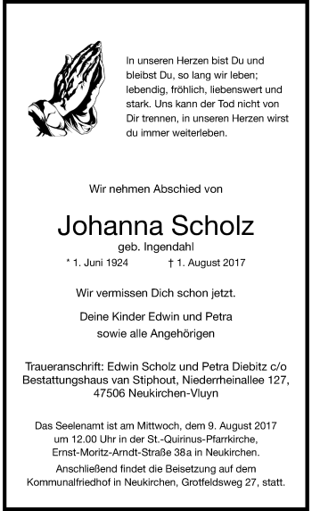 Traueranzeige von Johanna Scholz von Rheinische Post