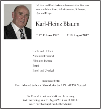 Traueranzeige von Karl-Heinz Blauen von Rheinische Post