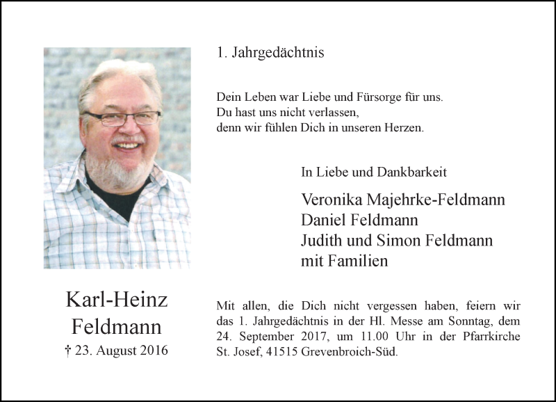 Traueranzeige für Karl-Heinz Feldmann vom 26.08.2017 aus Rheinische Post