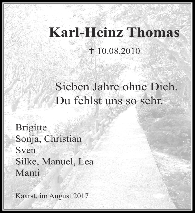  Traueranzeige für Karl-Heinz Thomas vom 10.08.2017 aus Rheinische Post