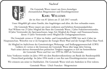 Traueranzeige von Karl Willems von Rheinische Post