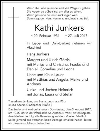 Traueranzeige von Kathi Junkers von Rheinische Post