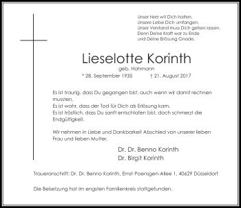 Traueranzeige von Lieselotte Korinth von Rheinische Post