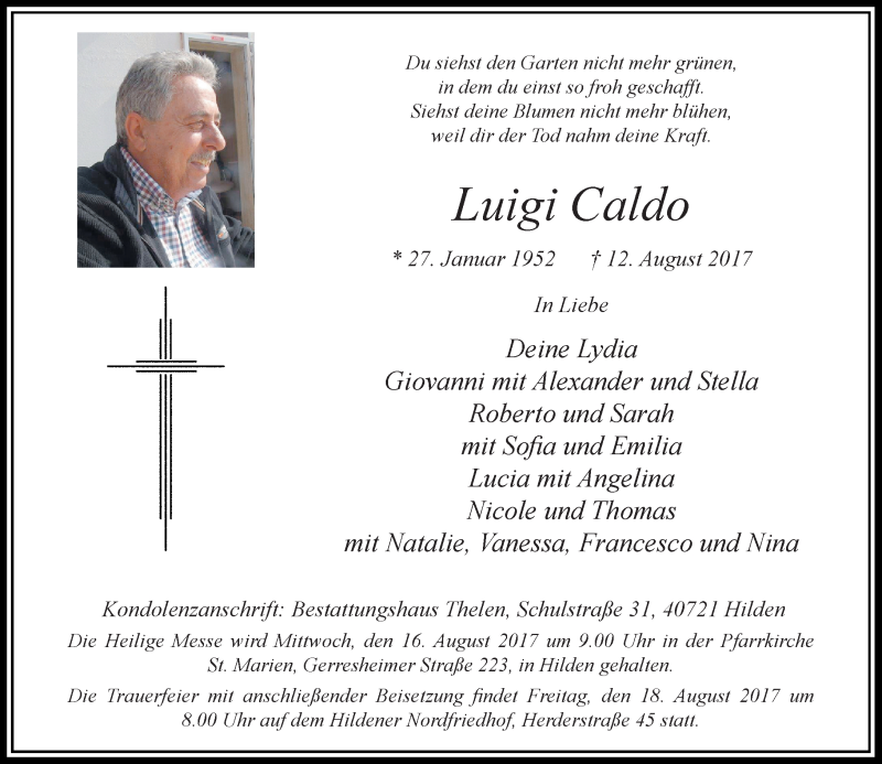  Traueranzeige für Luigi Caldo vom 16.08.2017 aus Rheinische Post