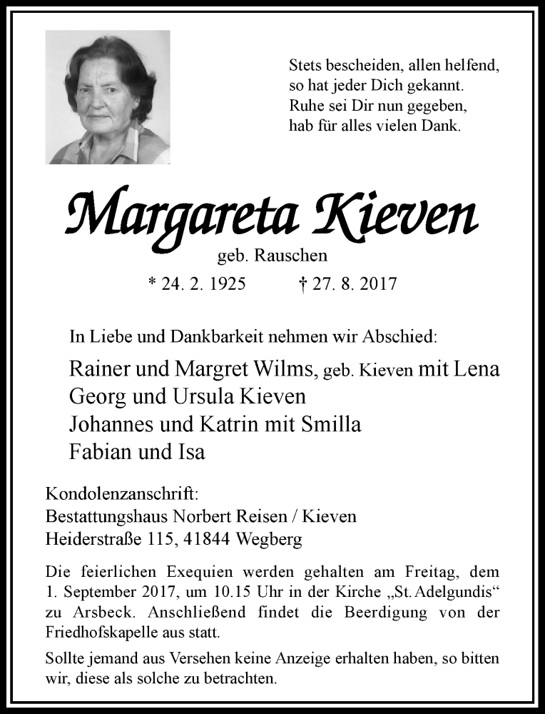  Traueranzeige für Margareta Kieven vom 30.08.2017 aus Rheinische Post