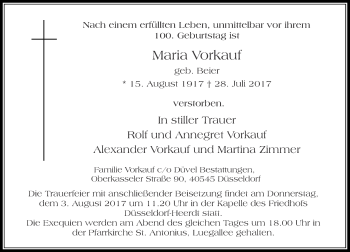 Traueranzeige von Maria Vorkauf von Rheinische Post