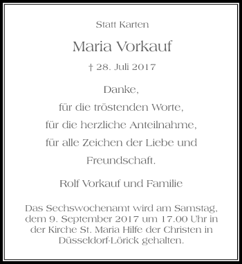 Traueranzeige von Maria Vorkauf von Rheinische Post