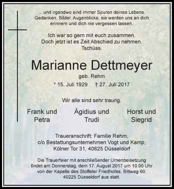 Traueranzeige von Marianne Dettmeyer von Rheinische Post