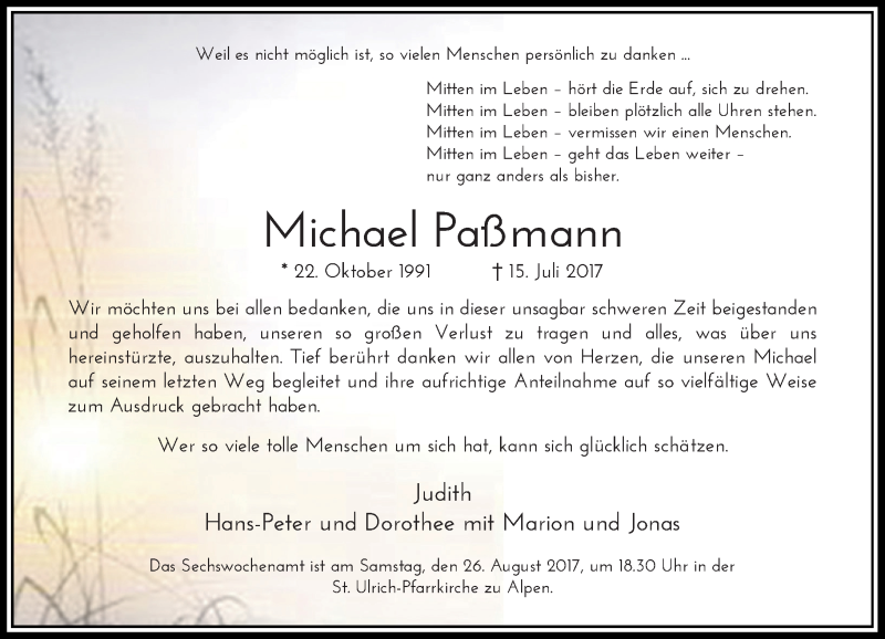  Traueranzeige für Michael Paßmann vom 23.08.2017 aus Rheinische Post