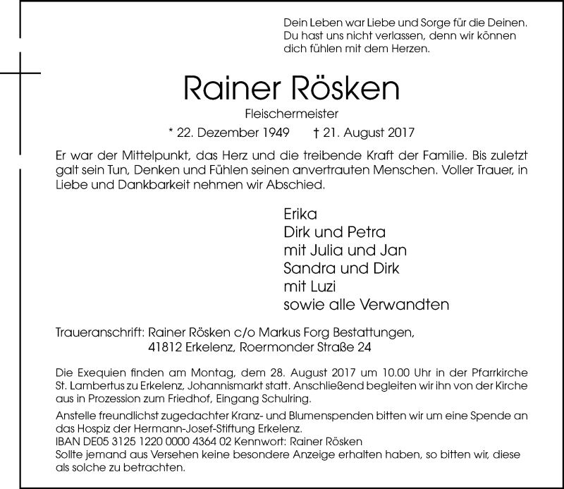  Traueranzeige für Rainer Rösken vom 24.08.2017 aus Rheinische Post