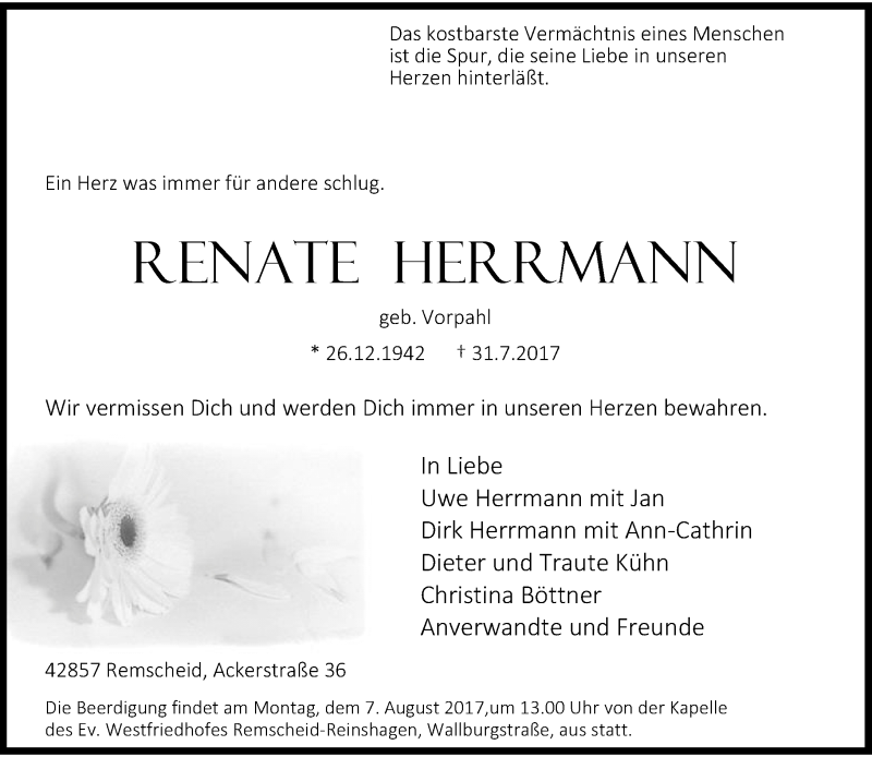  Traueranzeige für Renate Herrmann vom 04.08.2017 aus Rheinische Post