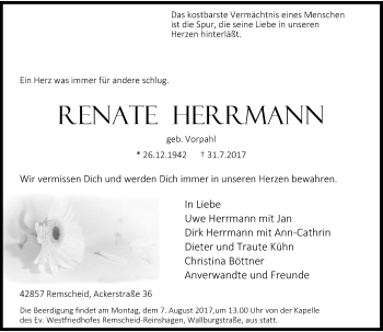 Traueranzeige von Renate Herrmann von Rheinische Post