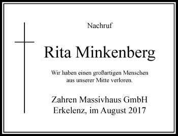 Traueranzeige von Rita Minkenberg von Rheinische Post