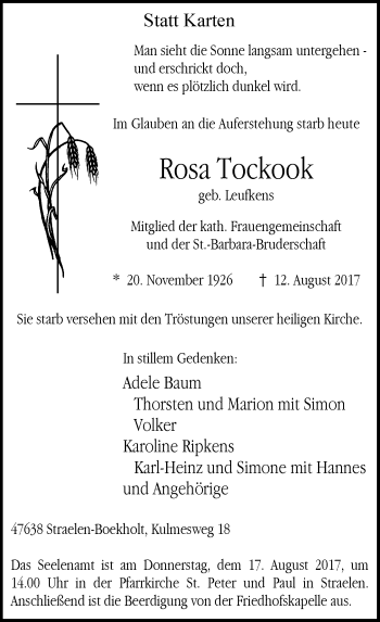Traueranzeige von Rosa Tockook von Rheinische Post