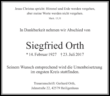 Traueranzeige von Siegfried Orth von Rheinische Post