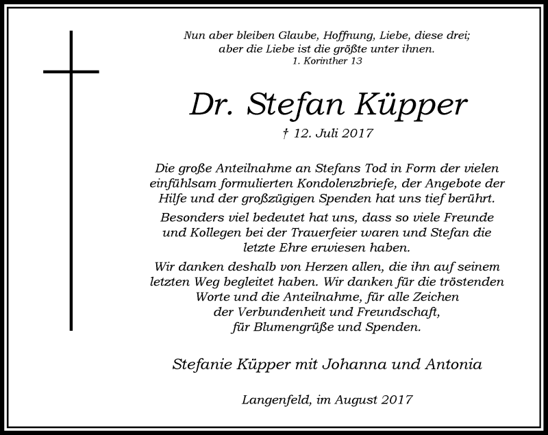  Traueranzeige für Stefan Küpper vom 05.08.2017 aus Rheinische Post