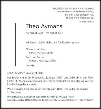 Traueranzeige von Theo Aymans von Rheinische Post