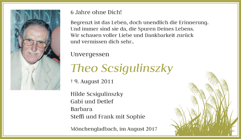  Traueranzeige für Theo Scsigulinszky vom 12.08.2017 aus Rheinische Post
