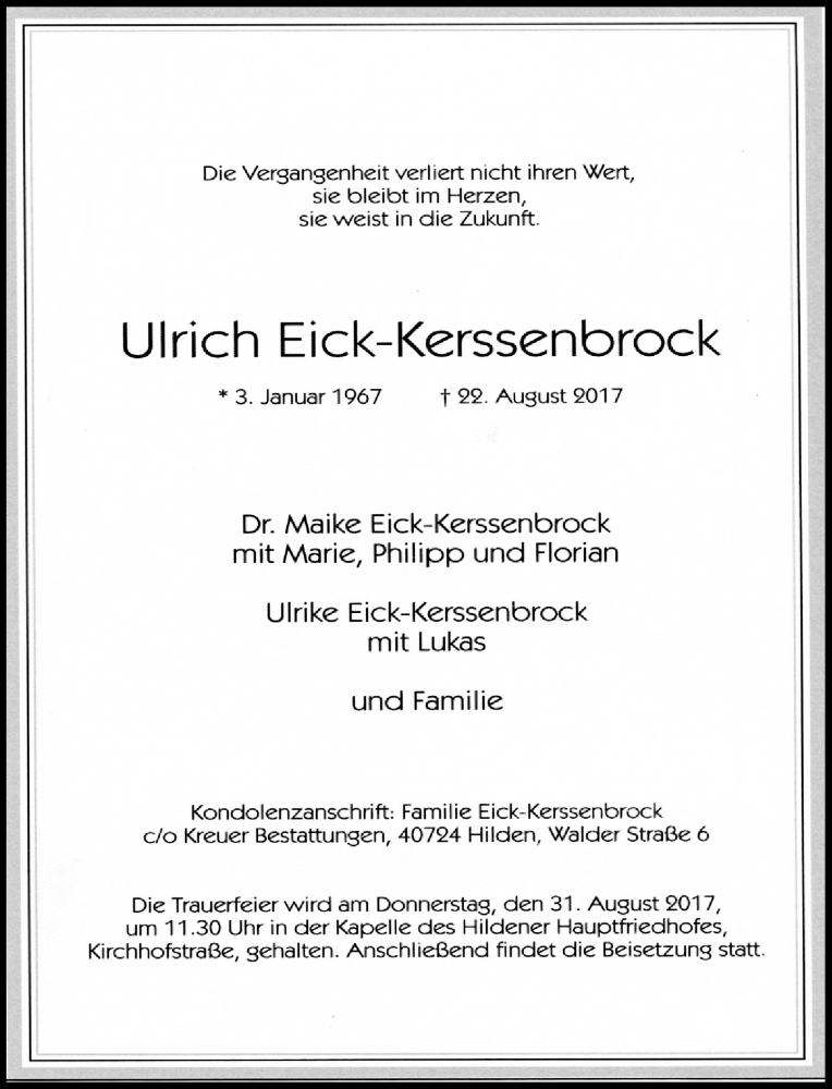  Traueranzeige für Ulrich Eick-Kerssenbrock vom 29.08.2017 aus Rheinische Post