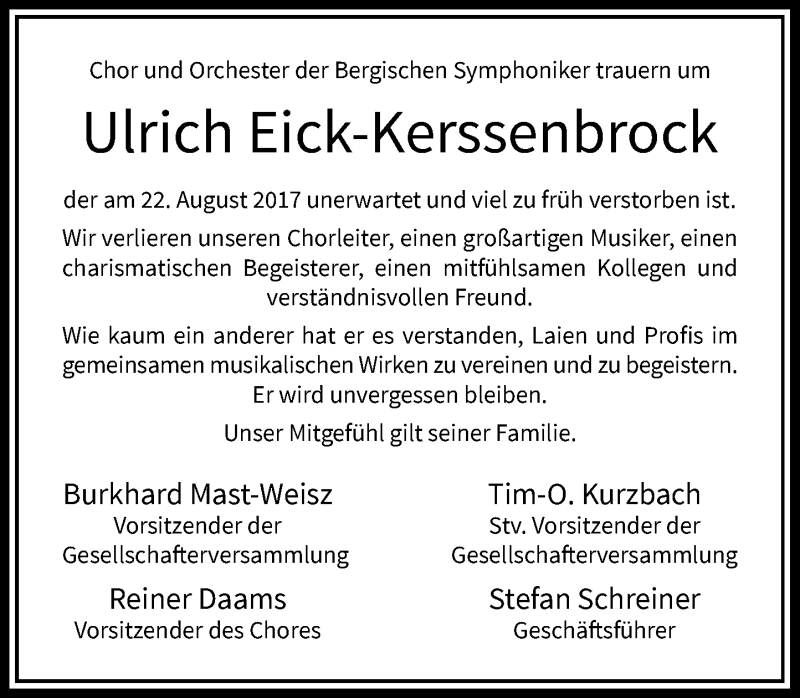  Traueranzeige für Ulrich Eick-Kerssenbrock vom 31.08.2017 aus Rheinische Post