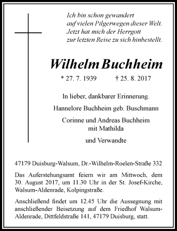 Traueranzeige von Wilhelm Buchheim von Rheinische Post