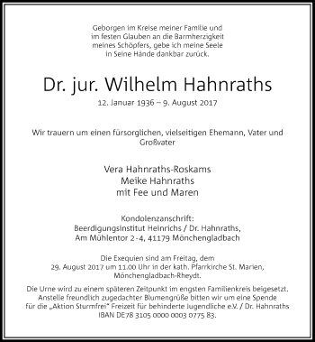 Traueranzeige von Wilhelm Hahnraths von Rheinische Post