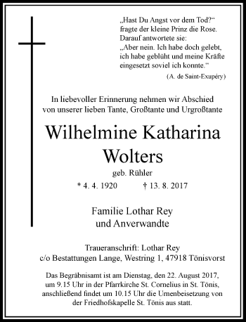 Traueranzeige von Wilhelmine KAtharina Wolters von Rheinische Post