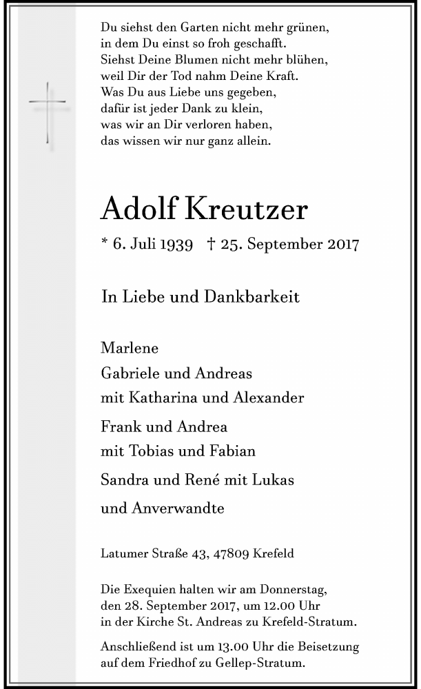  Traueranzeige für Adolf Kreutzer vom 27.09.2017 aus Rheinische Post