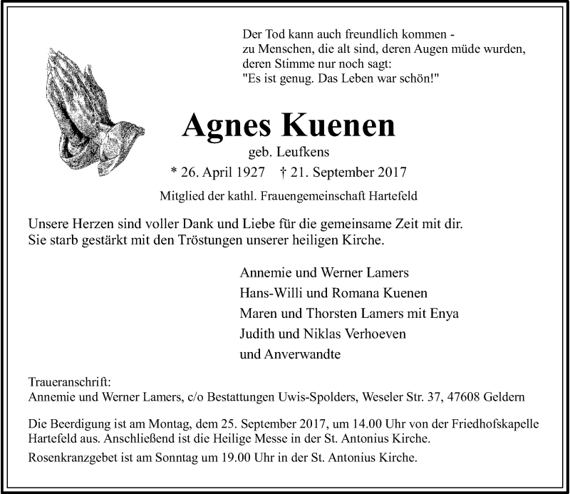  Traueranzeige für Agnes Kuenen vom 23.09.2017 aus Rheinische Post