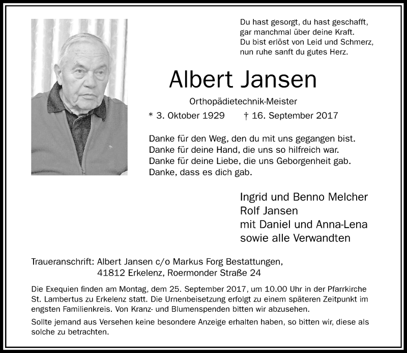  Traueranzeige für Albert Jansen vom 20.09.2017 aus Rheinische Post