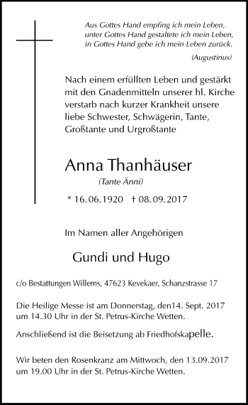 Traueranzeige von Anna Thanhäuser von Rheinische Post