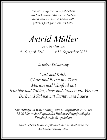 Traueranzeige von Astrid Müller von Rheinische Post