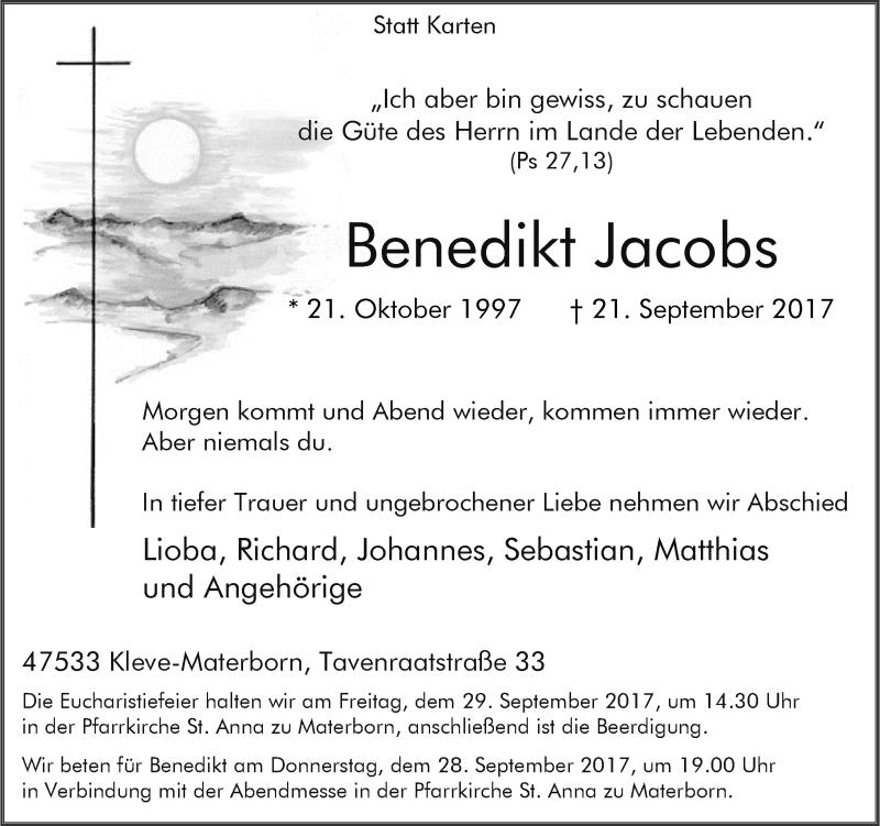  Traueranzeige für Benedikt Jacobs vom 27.09.2017 aus Rheinische Post