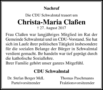 Traueranzeige von Christa-Maria Claßen von Rheinische Post