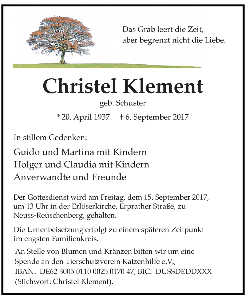  Traueranzeige für Christel Klement vom 09.09.2017 aus Rheinische Post