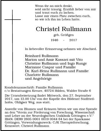 Traueranzeige von Christel Rullmann von Rheinische Post